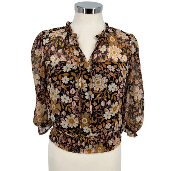 Monteau Floral Sheer Blouse With Metallic Details Half Sleeves Size Medium - Picture 1 of 10